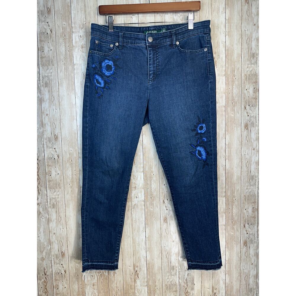 Lauren‎ Ralph Lauren Skinny Crop Jeans 10P Womens Blue Embroidered Denim Floral